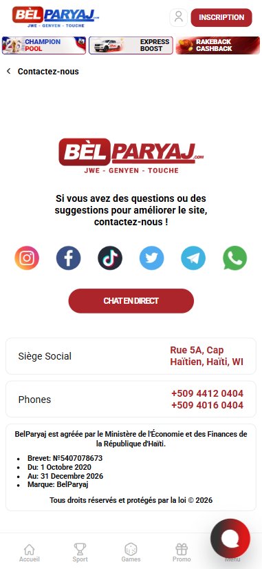 Page de contact Belparyaj avec adresse et licence à Cap-Haïtien