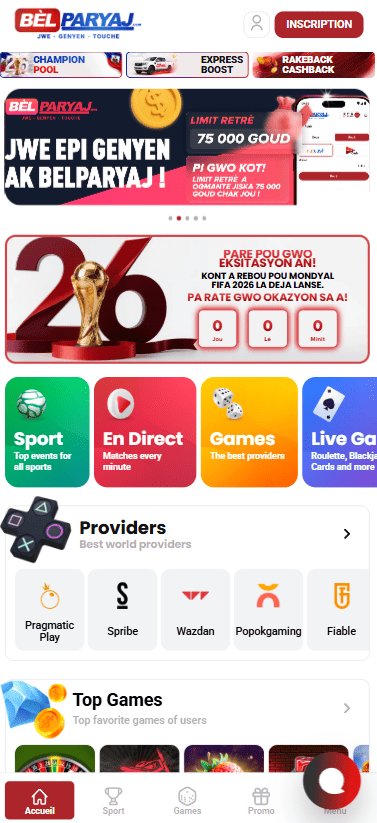 Page d'accueil de Belparyaj avec fournisseurs et top jeux